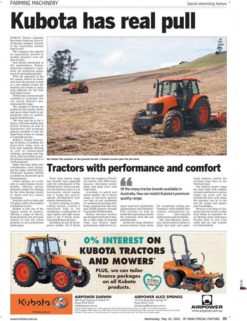 NT News Media Coverage of Airpower NT's Kubota Agriculture Range